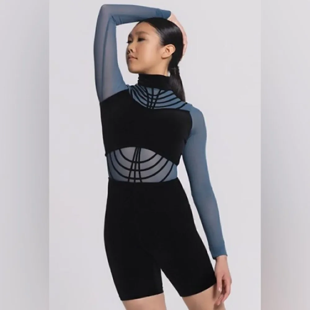 WEISSMAN Elite Dance Costume unitard blue black velvet To Be Loved 14115 LC